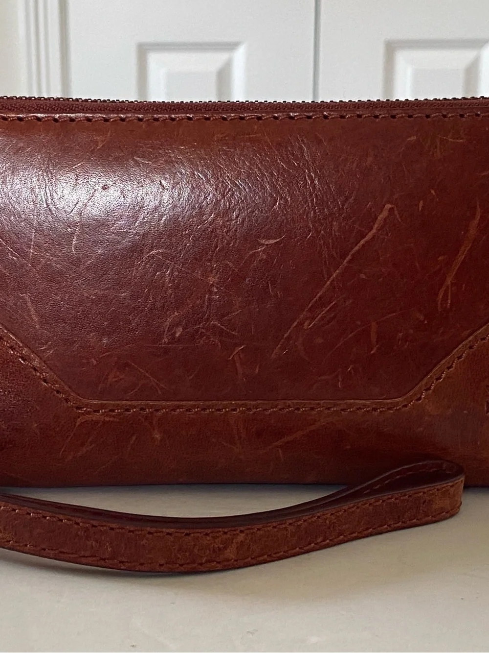 Women’s Frye Logo Melissa Brown Leather Accordion Zip Phone Wallet Wristlet NWT